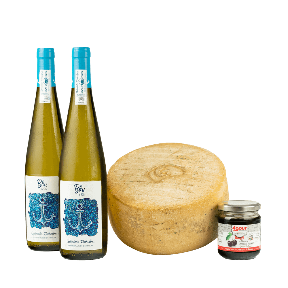 Coffret Ossau-iraty Aop X Txakoli De Getaria Tomme Entière 2.5kg + Confiture De Cerises 100g + 2 Bouteilles De Txakoli