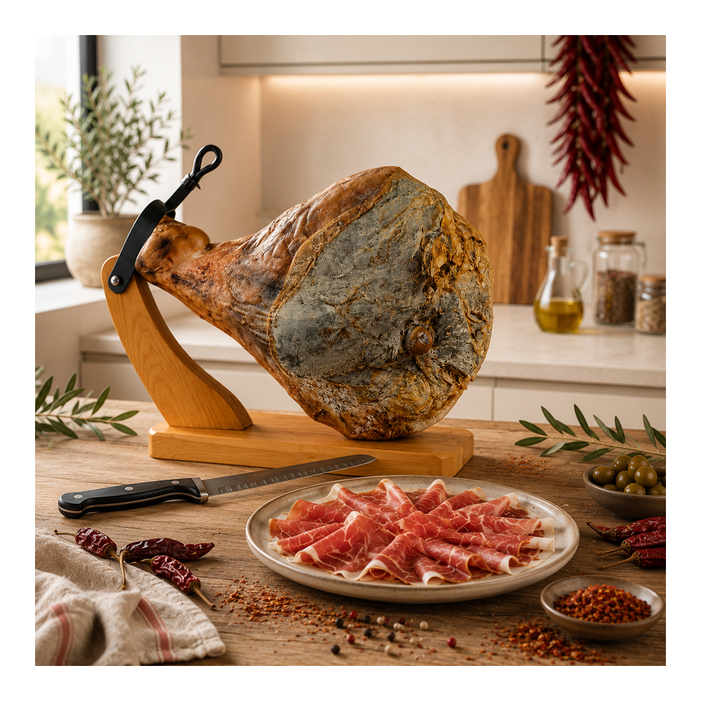 COFFRET JAMBON DE BAYONNE IGP 12 MOIS AVEC SUPPORT ET COUTEAU