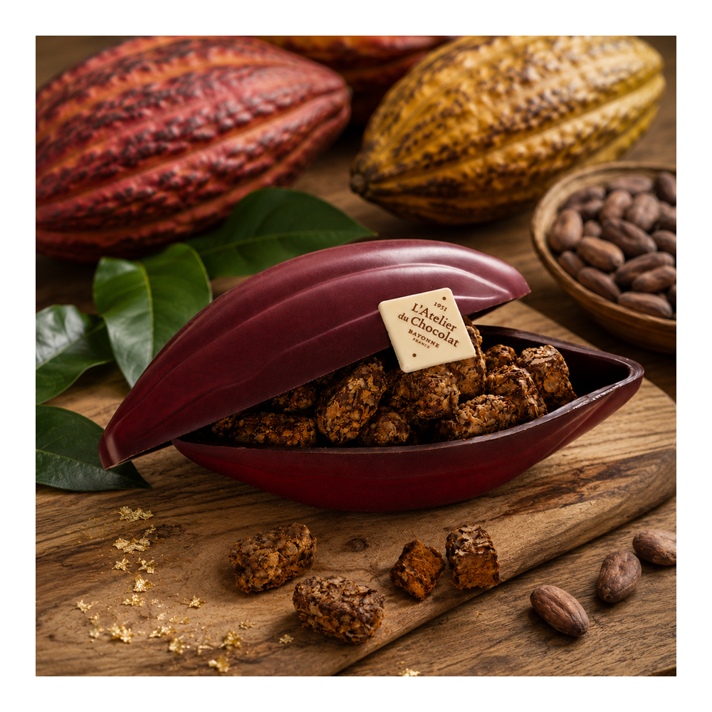 Moulage Cabosse en Chocolat et sa garniture de Feuillants d'Or praliné crepe dentelle chocolat noir livraison rapide