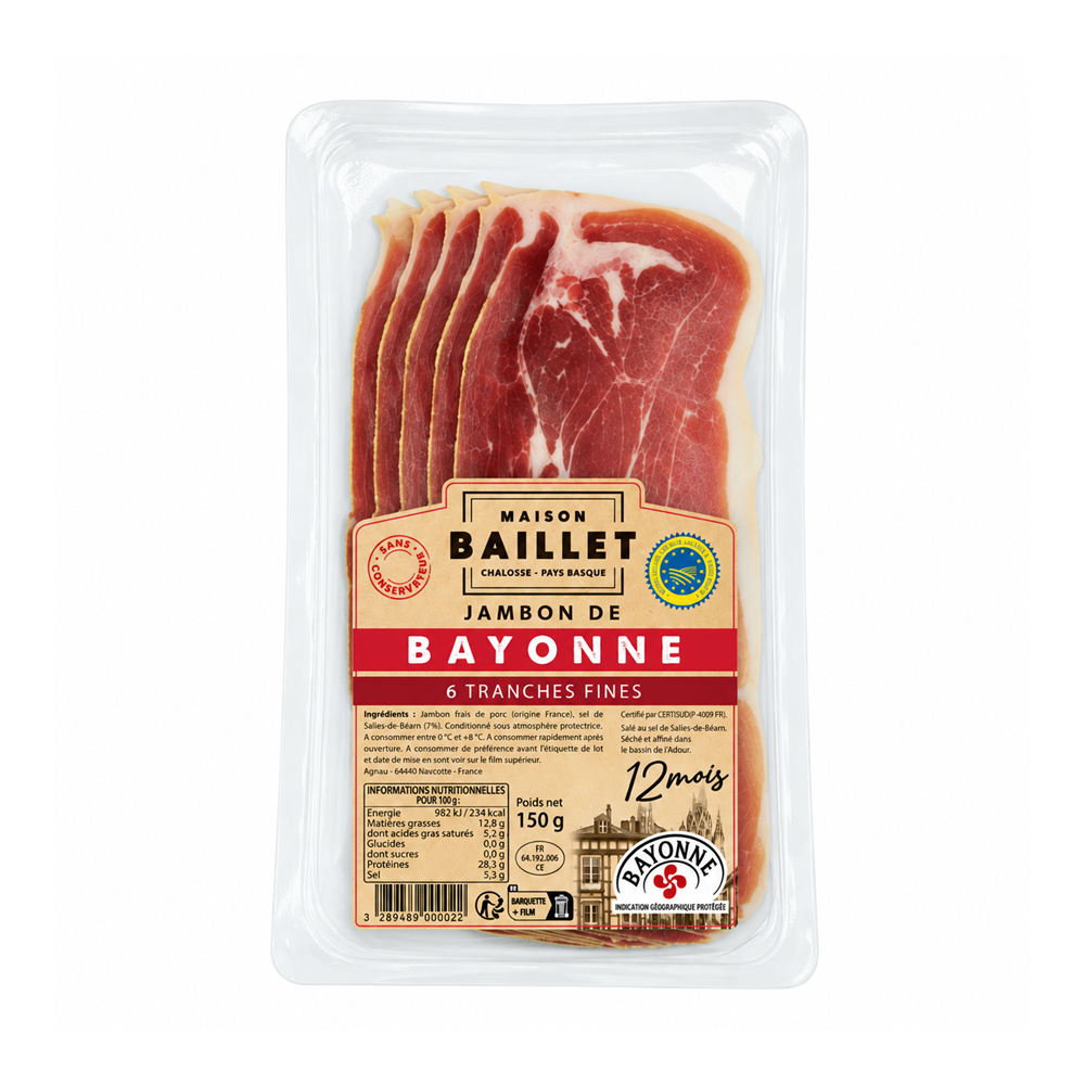 Jambon de Bayonne IGP 12 mois tranches fines charcuterie basque maison agour etxea 6 tranches