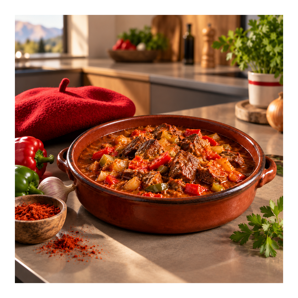 Plat cuisiné axoa de veau entier au piment d'Espelette