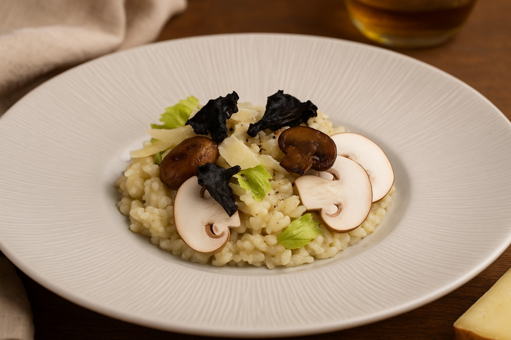 RISOTTO DE CÉLERI, CHAMPIGNONS, TOMME DE BREBIS