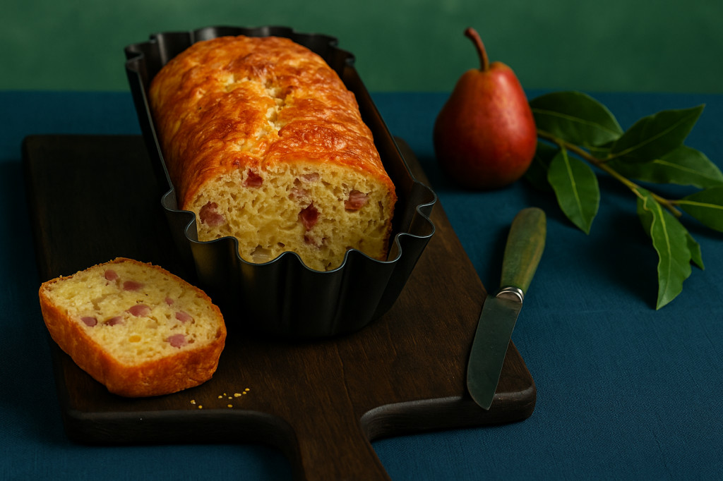 CAKE MOELLEUX À LA POIRE, AU FROMAGE DE BREBIS ET AU JAMBON DE BAYONNE