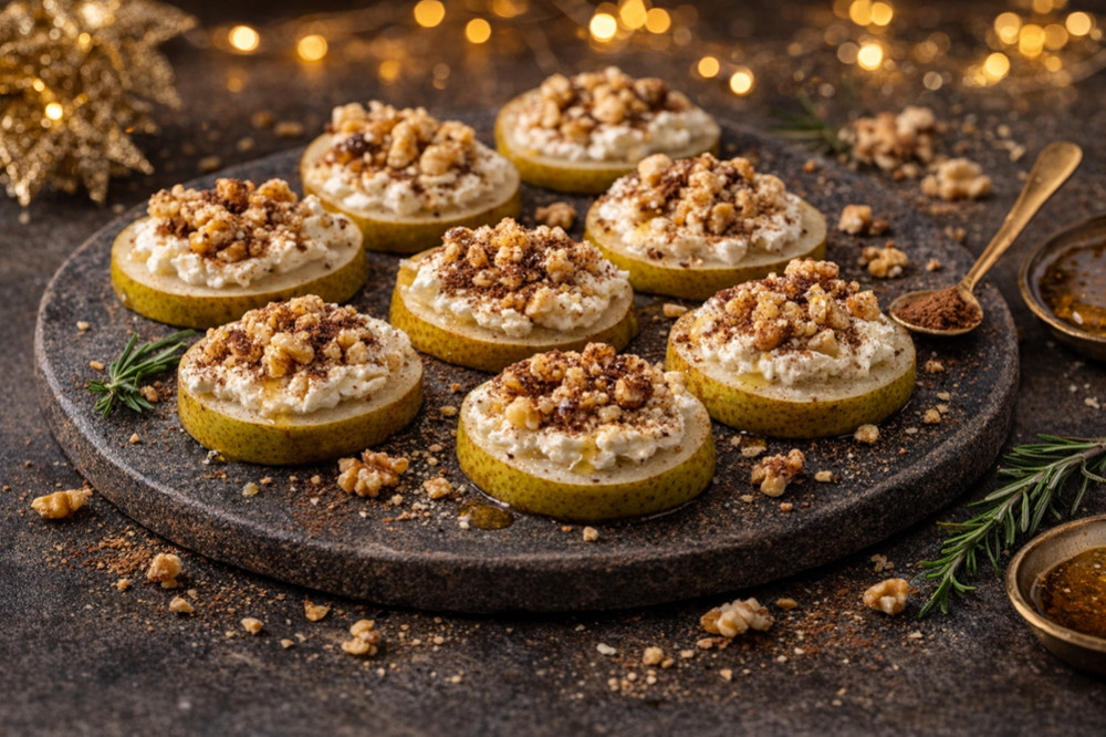 Bouchées Poire Chèvre frais, noix et cacao