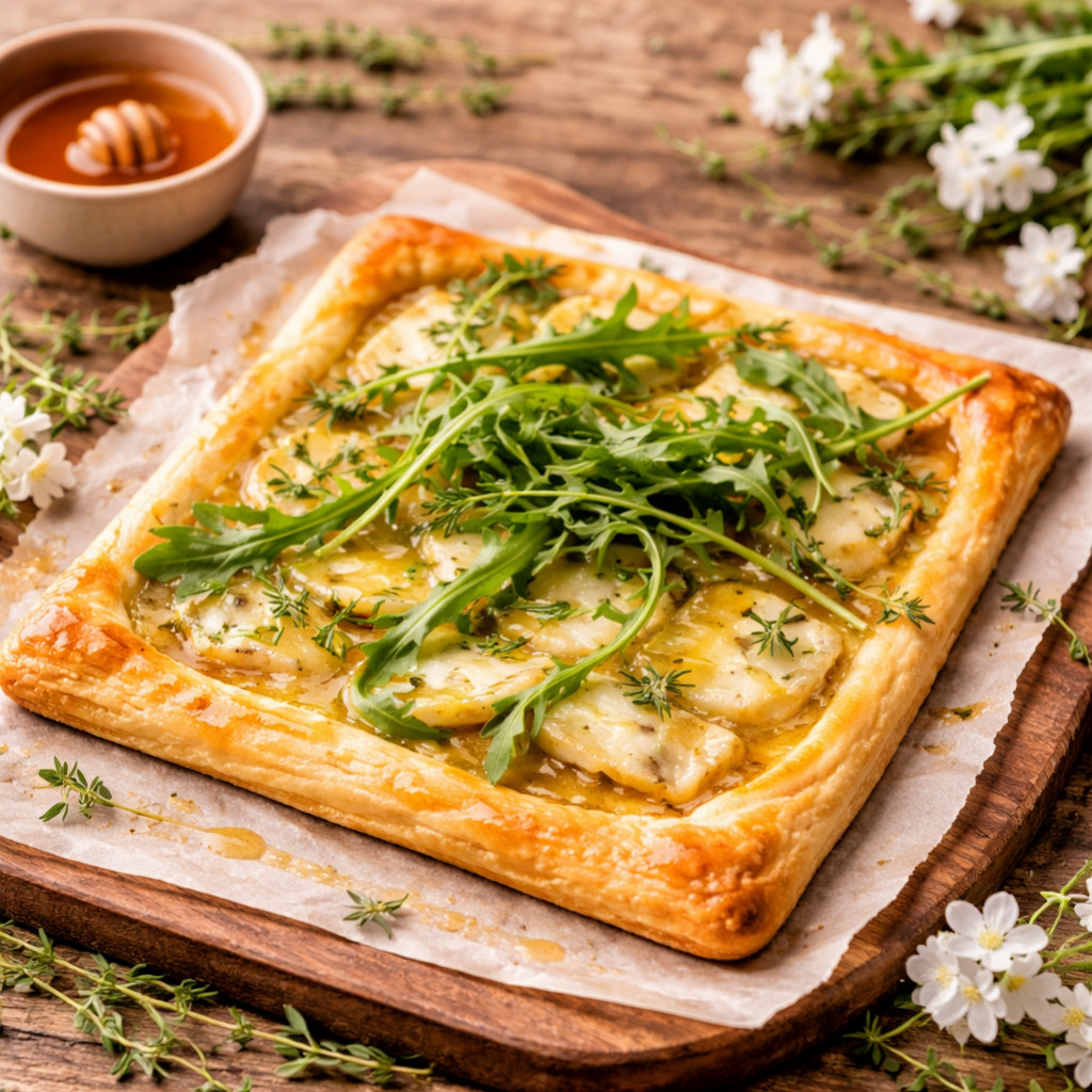 Tarte fine au fromage de brebis, miel & herbes de printemps