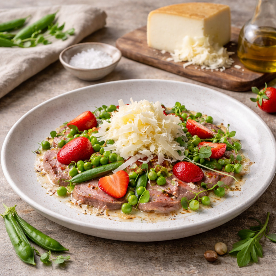 Carpaccio de veau, Ossau-Iraty, fraises et petits pois croquants