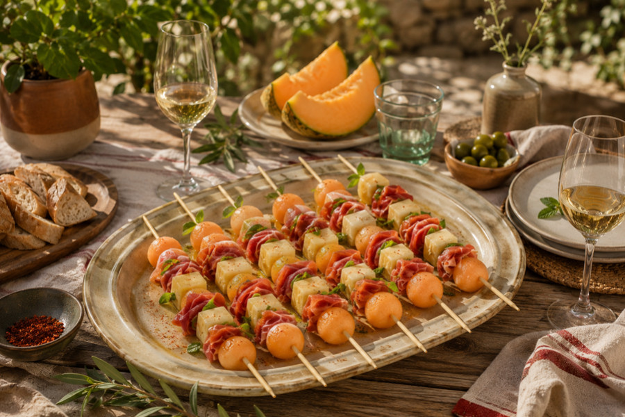 Brochettes de melon et Ossau-Iraty AOP