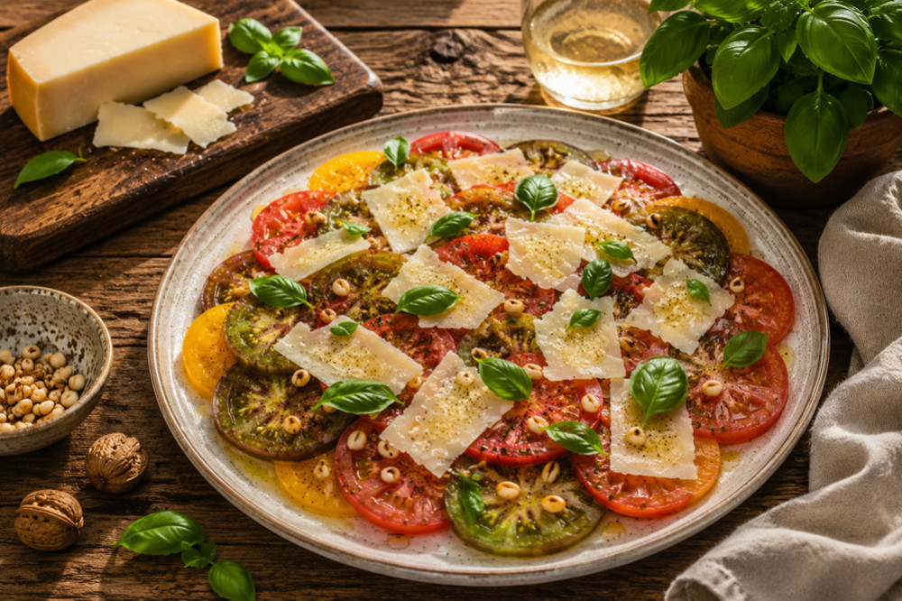 Carpaccio de tomates anciennes, Ossau-Iraty AOP, pignons torréfiés et basilic