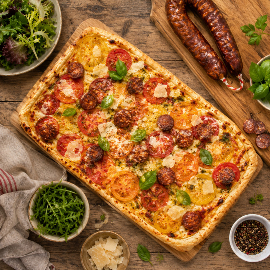 Tarte fine à la txistorra, tomates anciennes et Ossau-Iraty AOP