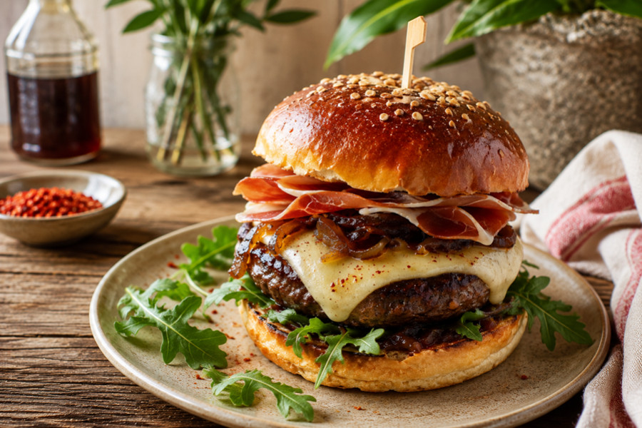 Burger basque à l'Ossau-Iraty AOP, jambon de Bayonne et confit d'oignons