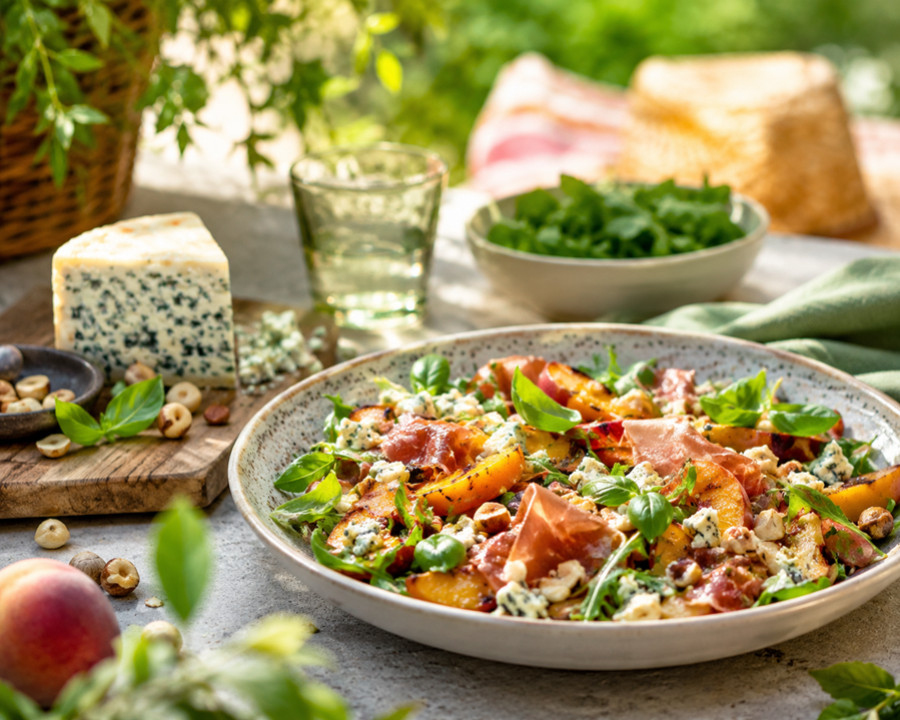 Salade estivale de pêches grillées, jambon de Bayonne, Bleur de Brebis Urdiña et noisettes