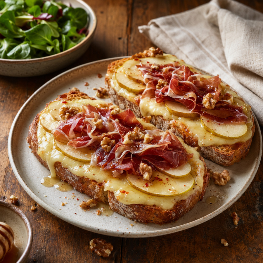 Tartines basques à la brique de brebis, jambon de Bayonne et poire