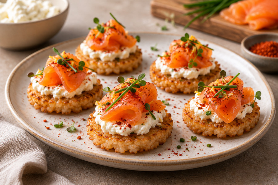 Crispy rice, truite fumée, crème de brebis et piment d’Espelette