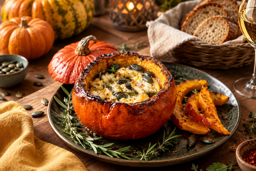 Potimarron rôti, cœur fondant de fromage de brebis et Piment d’Espelette