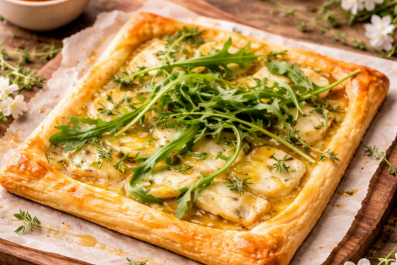 Tarte fine au fromage de brebis, miel & herbes de printemps