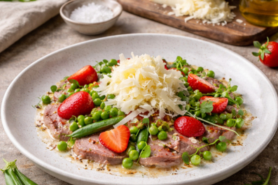 Carpaccio de veau, Ossau-Iraty, fraises et petits pois croquants