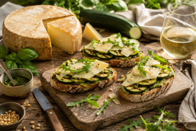 Tartines grillées à l'Ossau-iraty AOP, courgettes et pesto de basilic