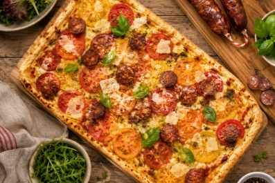 Tarte fine à la txistorra, tomates anciennes et Ossau-Iraty AOP