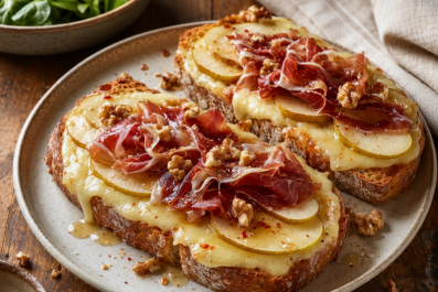 Tartines basques à la brique de brebis, jambon de Bayonne et poire