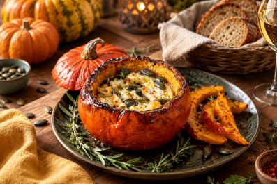 Potimarron rôti, cœur fondant de fromage de brebis et Piment d’Espelette